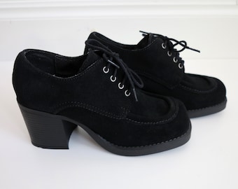 Chaussures en cuir en daim noir Chaussures à plate-forme à cravate noire Lacet Oxford Chaussures en cuir véritable Chaussures pour femmes Taille EUR 37 US 6.5 Royaume-Uni 4