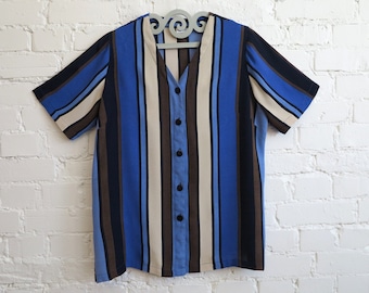 Blue Striped Blouse Striped Womens Shirt V Neck Womens Blouse Short Sleeves Viscose Blouse Large Size