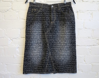 Described Print Black Denim Skirt Letters Print Denim Skirt High Waisted Jean Skirt Denim Skirt Denim Pencil Skirt Small Size