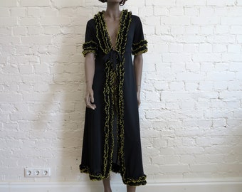 Vintage 70s Black Yellow Dressing Gown Babydoll Bathrobe Ruffled Robe Maxi Night Robe Empire Waist A Line Robe Extra Small Size