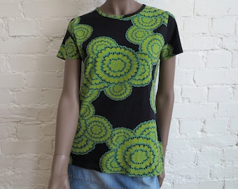 Womens NANSO Shirt Summer Top Short Sleeves Top Black Green Abstract Floral Print Tricot Shirt Medium Size