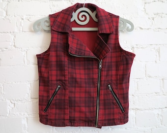 Rood damesvest Rood zwart geruit vest Geruit vest Rekbaar katoenen vest Bikerstijl vest groot formaat