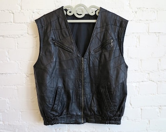 Gilet da uomo in vera pelle patchwork nero, gilet in pelle, gilet da motociclista rocker steampunk, gilet con cerniera, taglia XXL / 2X
