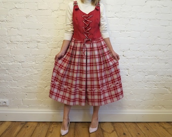 Red Beige Plaid Dirndl Dress Dirndl Sarafan Alpen style German Austrian Bavarian National Costume Oktoberfest Extra Large Size