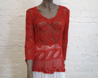 Hot Red Crocheted Top Womens Sweater Long Sleeves Pullover Romantic  Valentine's day Sweater Medium Size