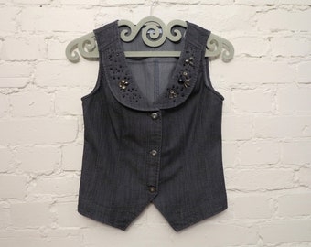 Beaded Grey Denim Vest: Women's Romantic Fitted Waistcoat (Medium)