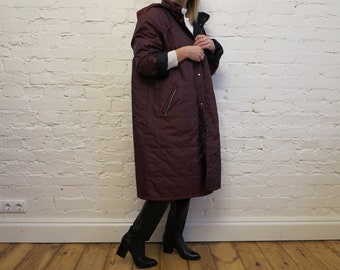 Vintage ANNA K 80s Burgundy Red Quilted Coat Womens Long Parka Outerwear Hooded Coat Quilted Lightweight Oversized Coat Large Size