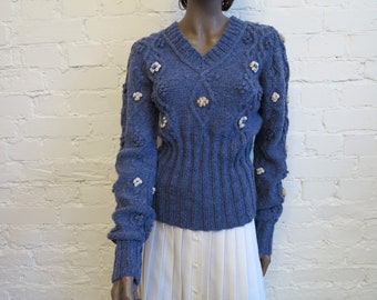 Vintage Women Sweater Embroidered Cable Knit Pullover Blue Sweater Knitted Womens Jumper Small Size