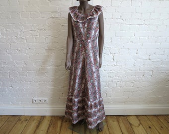 Vintage 70s Floral Maxi Dress, Sleeveless Ruffled Retro Gown, Medium