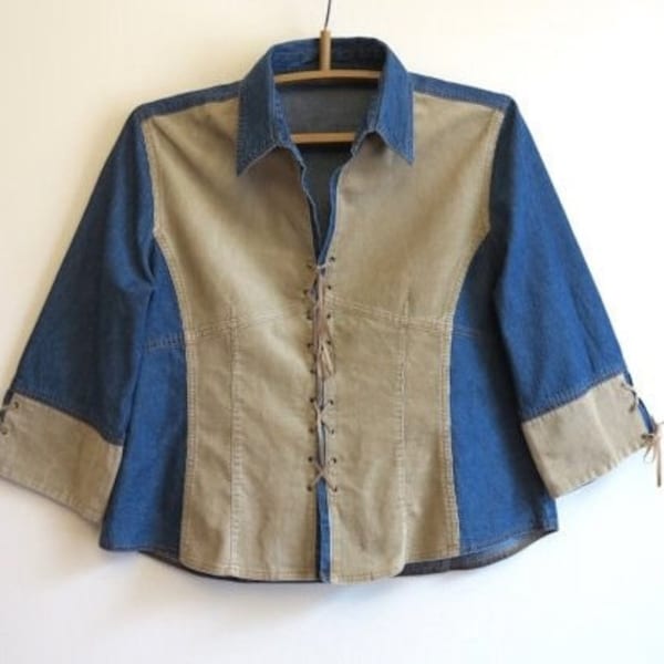 Blue Denim Blouse Beige Corduroy Womens Shirt Country Western Blouse Lace up Jeans Shirt 3/4 Sleeves Top Extra Large Size