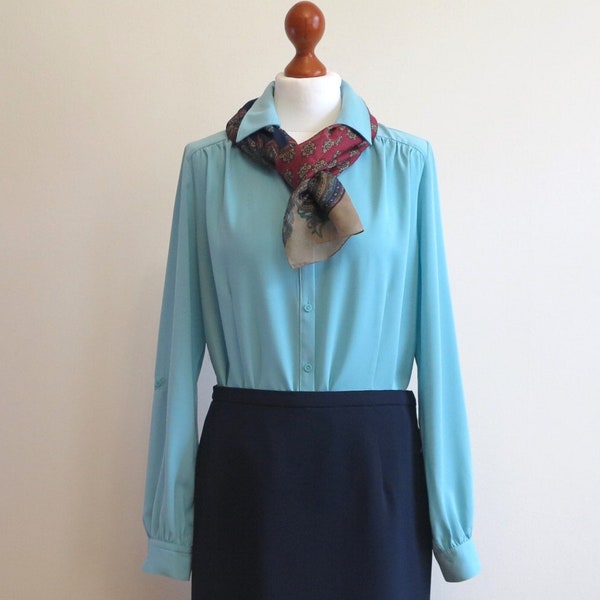 Peppermint Green Turquoise Blouse Womens Button up Shirt Secretary's Long sleeves Blouse Large Size