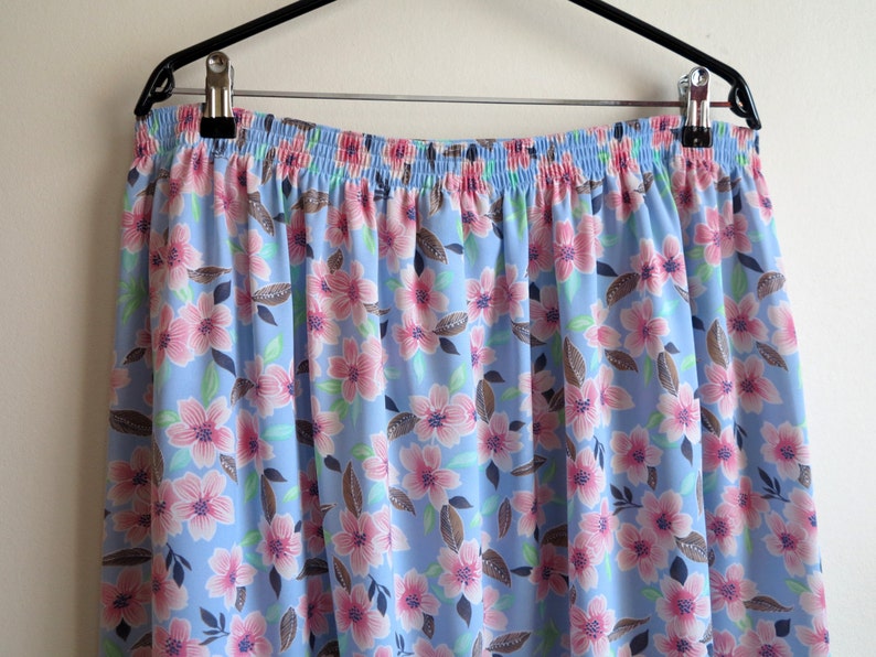 Sky Blue Skirt Brown Pink Floral Print Skirt Midi Pleated Skirt Elastic Waist Skirt Summer Skirt Extra Large Size