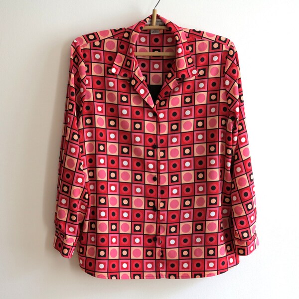 Quadratische Print Bluse Damen Geometrisches Shirt Rot Rosa Schwarz Weiß Top Größe 1x