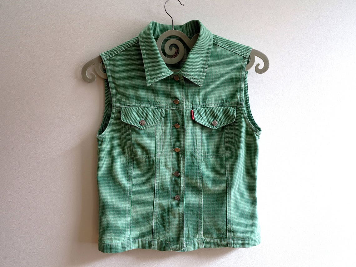 Green Plaid Womens Vest Checkered Cotton Waistcoat Small Size Etsy