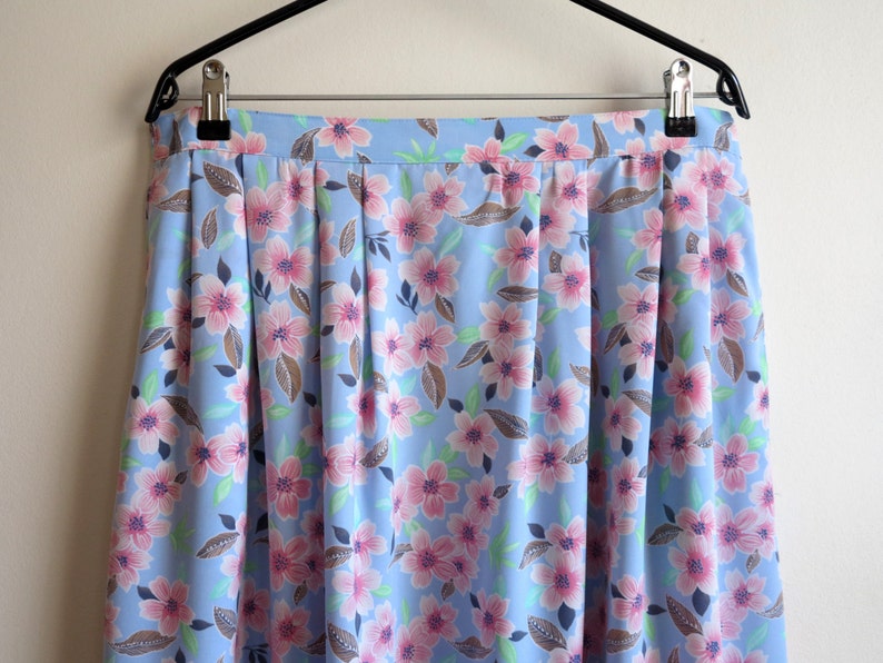 Sky Blue Skirt Brown Pink Floral Print Skirt Midi Pleated Skirt Elastic Waist Skirt Summer Skirt Extra Large Size