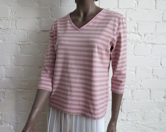 MARIMEKKO Womens Shirt Cotton Tricot Jumper Light Pink Grey Striped Sweater 3/4 Sleeves V Neck Shirt Medium Size