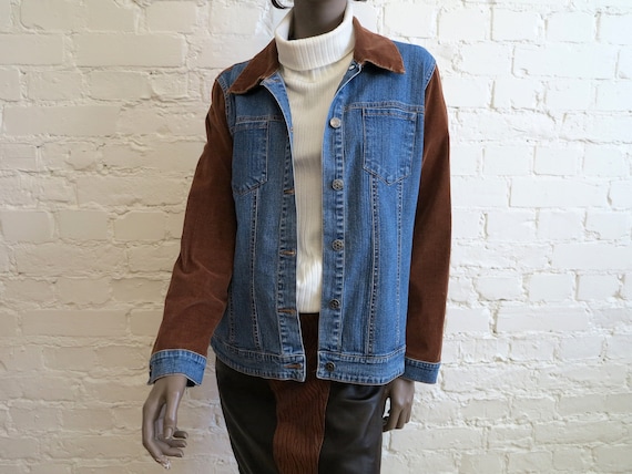 Blue Denim Brown Corduroy Mixed Jacket Grunge Jea… - image 1