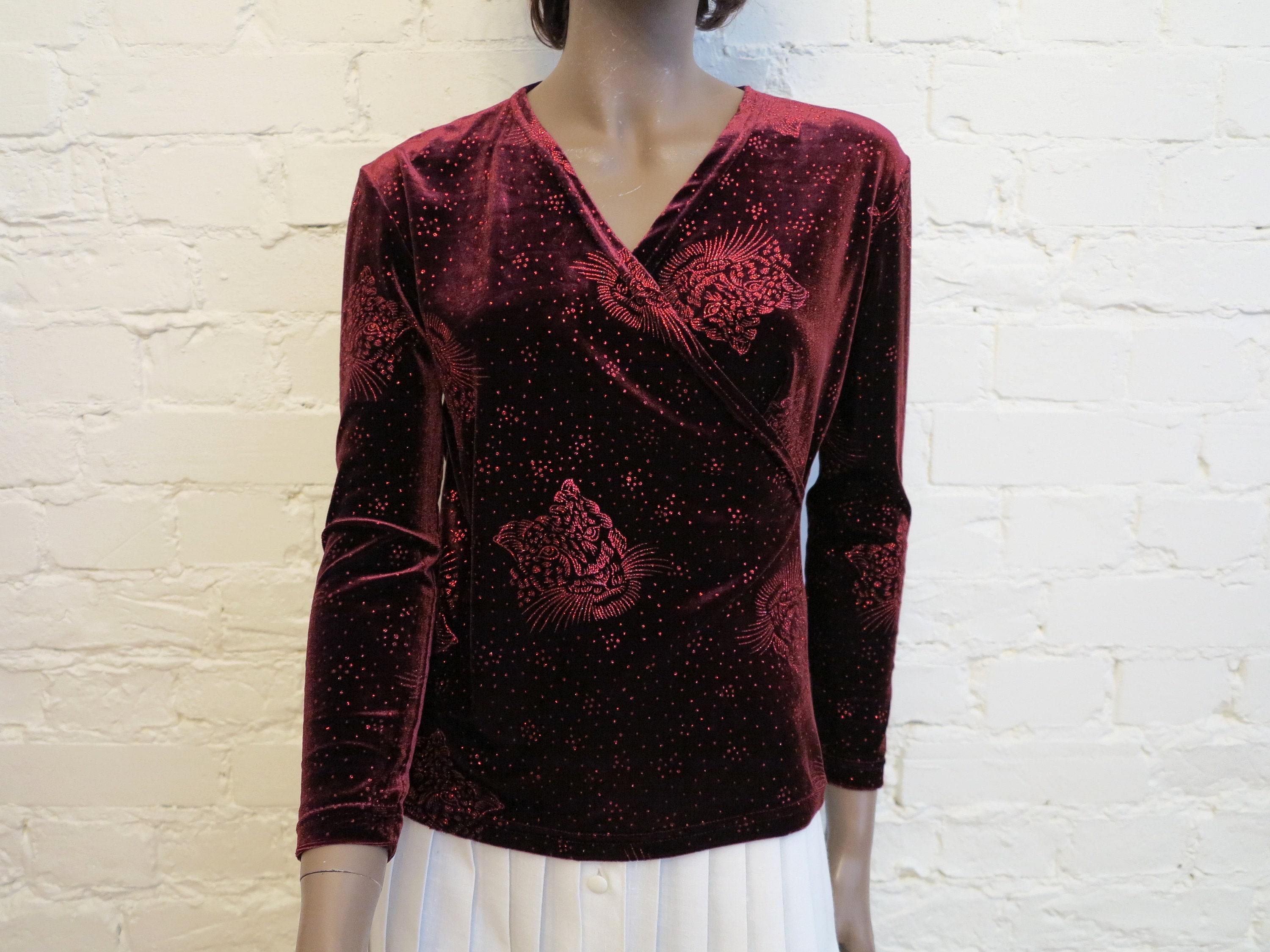 Crimson Red Blouse Red Velvet Blouse Shiny Tiger Face Velvet Top Women