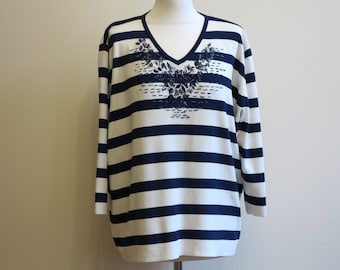 Vintage Nautical Embroidered Sailor Top, Blue White Striped XXL
