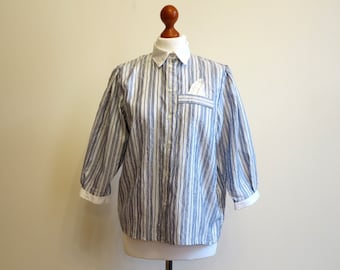 Vintage 1980s White Grey Striped Blouse Womens Shirt Crinkled Top White Collar 3/4 Full  Sleeve