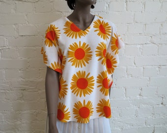 MARIMEKKO Womens Top Terry Summer Blouse Poncho Shirt Womens Beach Wear Sunflowers Print Top Cotton Tricot Top Small to Medium Size