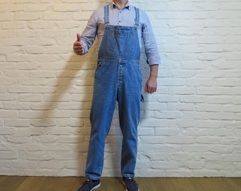 Vintage 90s Denim Overalls – 100% Cotton Mens Workwear Jumpsuit Blue Jean Dungarees Size L to XL