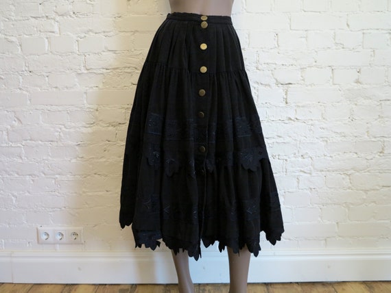 Vintage 80s Black Midi Skirt Buttons Down Full Skirt Midi Pleated Skirt Lace Trim Twirl Gathered Skirt Made in Austria Extra Small Size Etsy UK