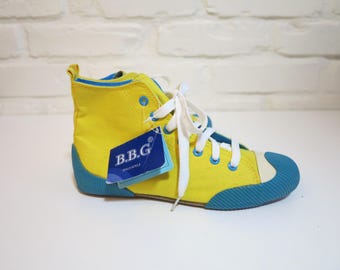 Vintage 1980s B.B.G Yellow Blue Canvas Sneakers | Italy Style High Top Trainers | Retro Sports Shoes | Deadstock 38 EU | Unisex Casual Shoes
