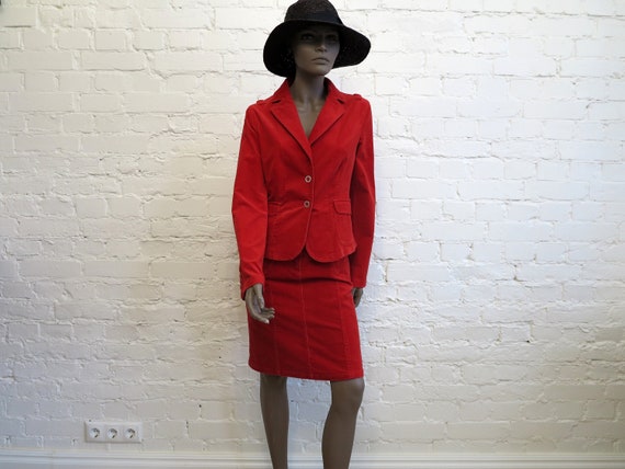 Set of Two Piece Suit Hot Red Womens Jacket Micro