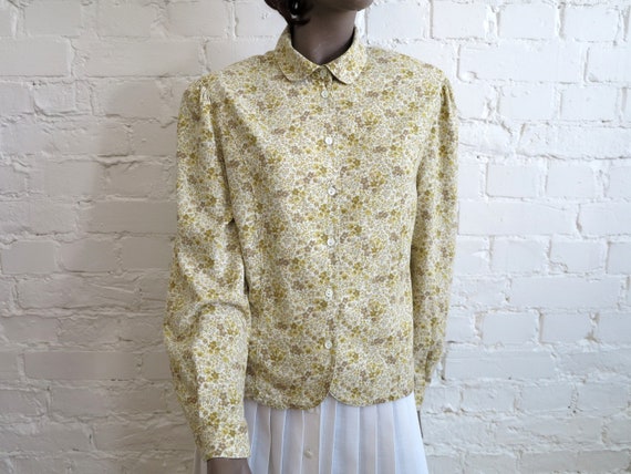 Light Mustard Yellow Blouse Floral Cotton Blouse … - image 1