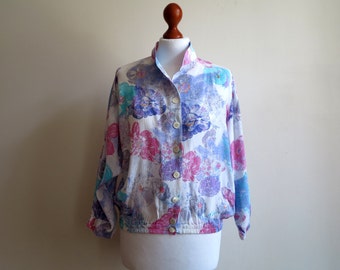White Purple Pink Turquoise Blouse Floral Print Blouse Kimono Sleeves Top Elastic Waist Blouse Medium Size Guschi Moden Made in West Germany