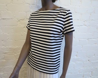 MARIMEKKO Shirt Nautical Top Black White Striped Sailor Blouse Womens Marine Shirt Load Neck Short Sleeves Shirt Small Size