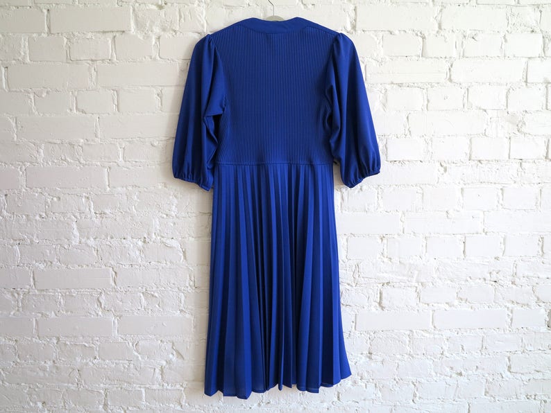 Vintage 1980s Royal Blue Dress Accordion Pleated Dress Blue Midi Dress 34 Sleeves Dress Buttons Up Bodice Medium Size Dress