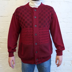 Vintage 80s Red Knitted Mens Jacket New Wool Acrylic Blend Warm Winter Cardigan with Pockets Extra Large Size