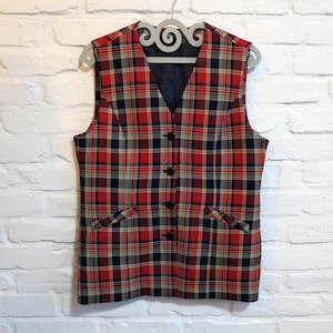 Red Plaid Womens Vest Wool Blend Gilet for Women Checkered Waistcoat Long Vest Extra Large Size