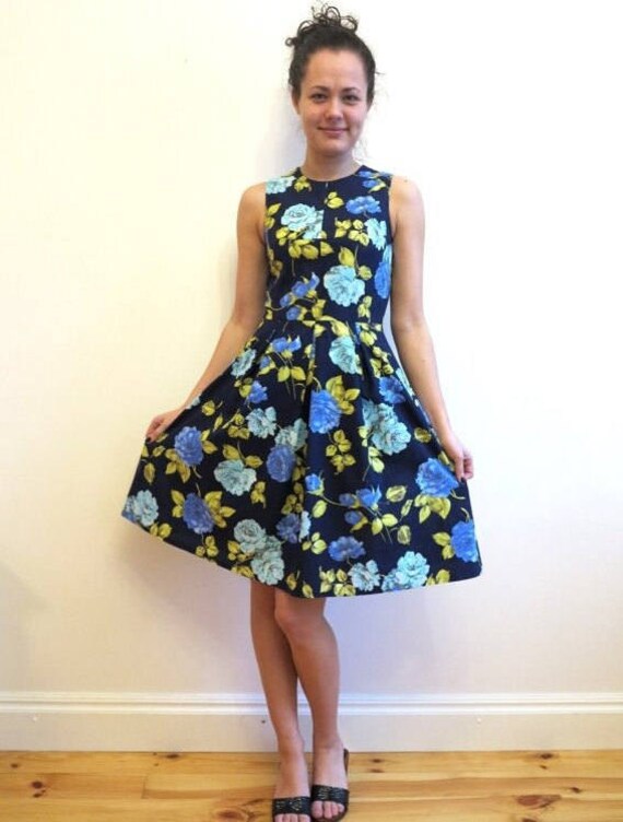 Robe Vera Wang 2 Pièces Jaune Et Bleu Marine - Taille XS - Midi Sans Manches