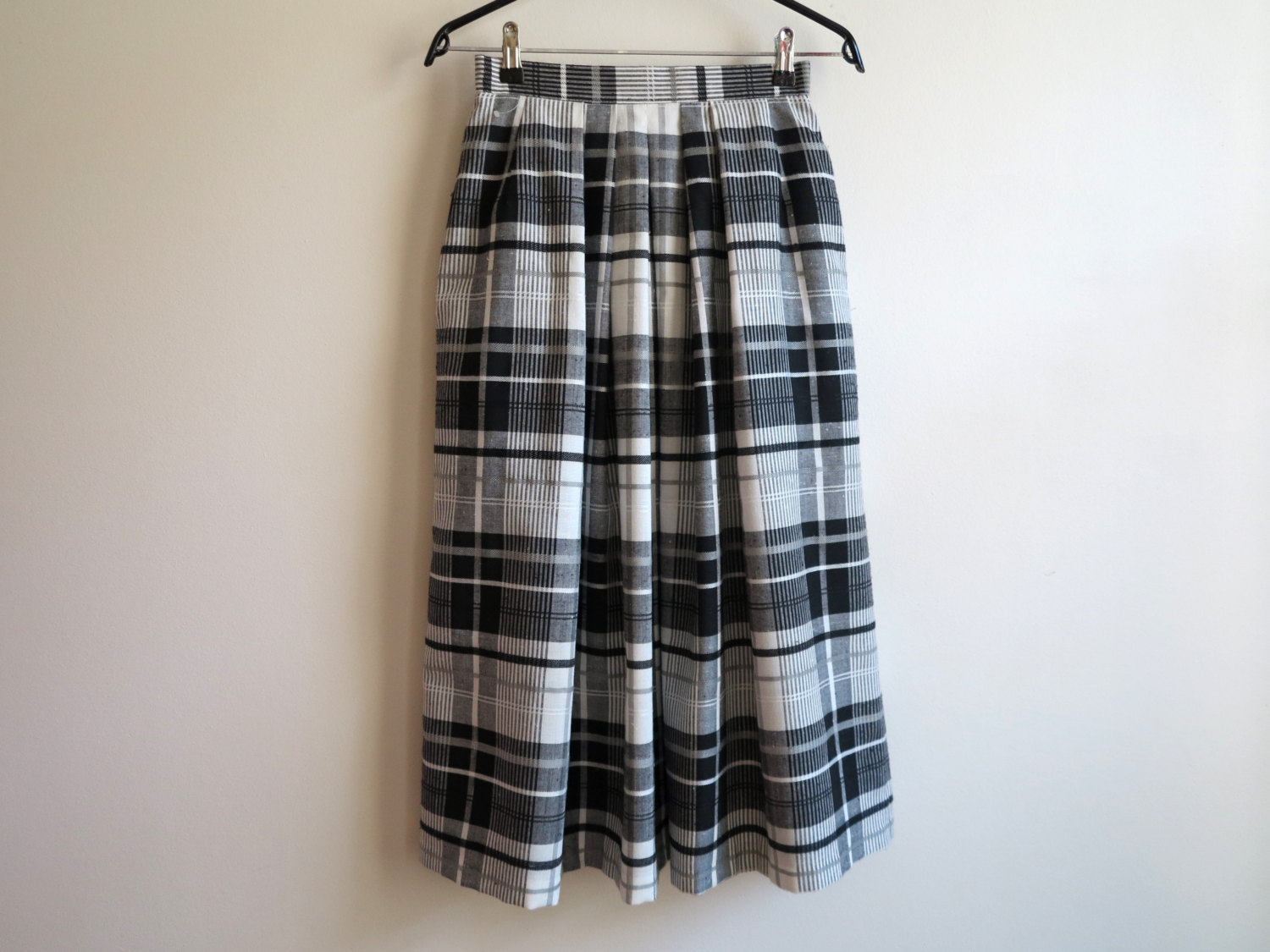 Grey Black White Plaid Midi Skirt Pleated Buttons Up Full | Etsy