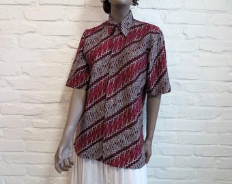 Vintage Mens Shirt Wine Red Speckled Shirt Short Sleeves Shirt Buttons Down Cotton Dress Shirt Medium Size