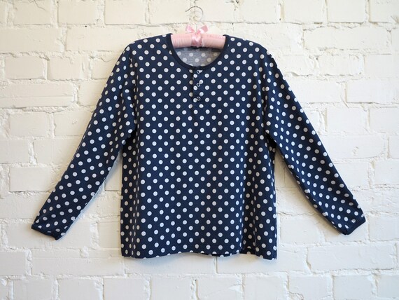 navy blue white polka dot blouse
