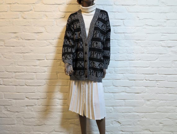 Vintage IMPAZZIVO Oversized Knit Cardigan – 80s Graphic Black