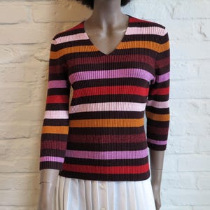 Vintage Multicolor Knitted Sweater Womens Tricot Jumper wit Metallic Shine Slim Fit V Neck Striped Pullover Striped Jumper Small Size