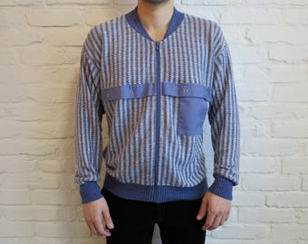 Chaqueta vintage azul de los años 80 para hombre, cárdigan de verano de mezcla de lino con cremallera, talla mediana.