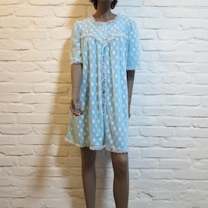 Vintage 1960s Baby Blue Sheer Nylon Nightgown by Prova | Short Puff Sleeve Peignoir with Floral Embroidery & Ruffles | Size M