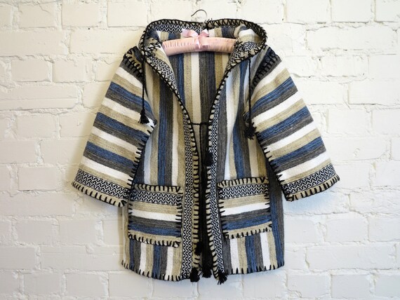 Blue Grey White Striped Handmade Folk Style Jacke… - image 1
