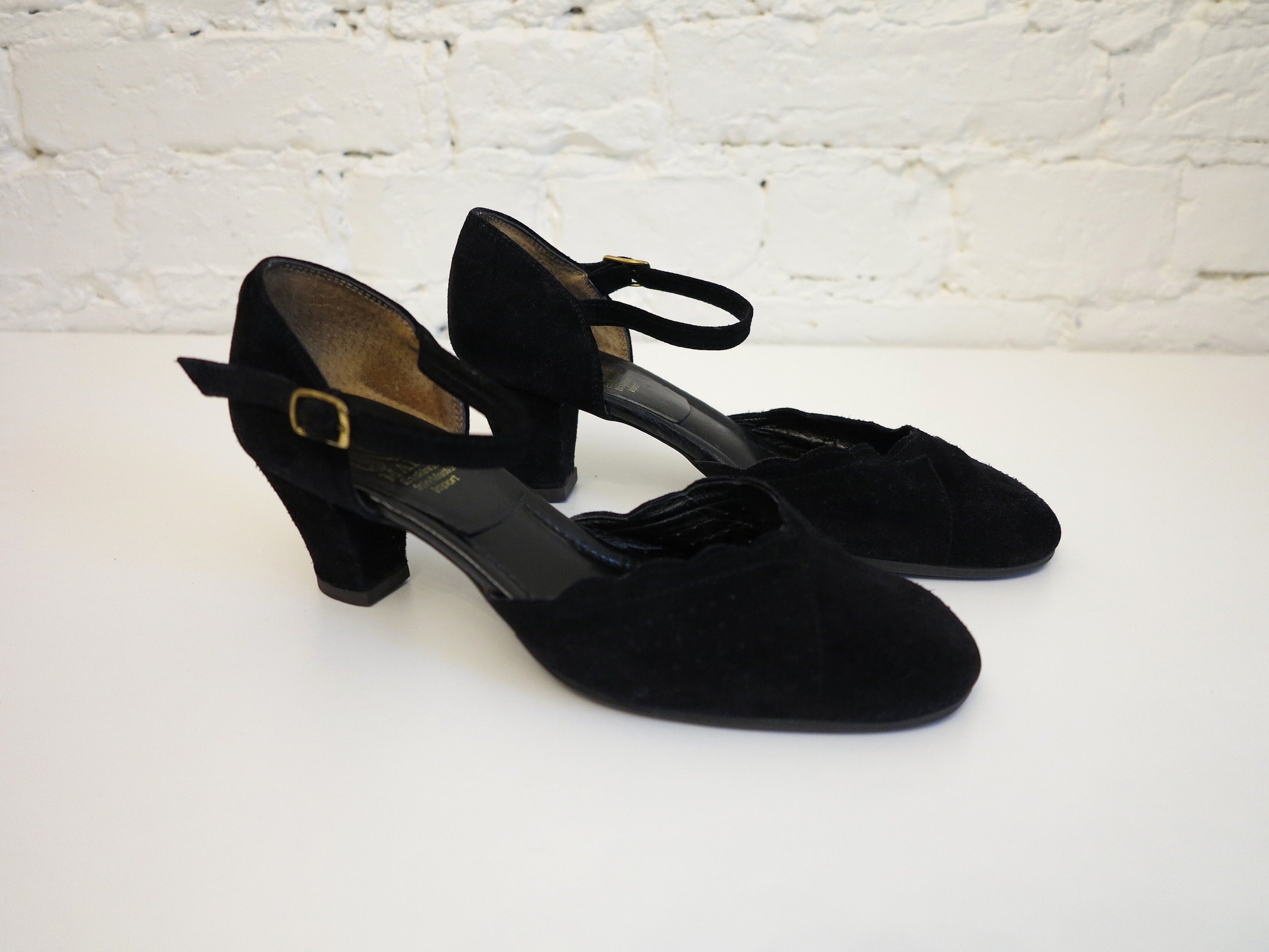 Black Leather Shoes Black Suede Pumps With Straps Genuine Leather Pumps Dancing Shoes Women's Shoes Size EU38, US 7.5, UK5