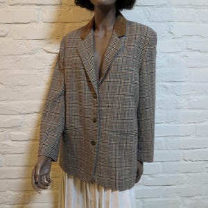 Vintage Brown Jacket Plaid Wool Blend Jacket Checkered Blazer with Faux Suede Collar Formal Womens Blazer Medium Size Made in Denmark