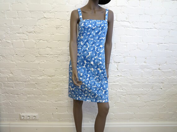 White Blue Floral Dress Mini Cotton Pencil Dress Strap Dress Stretchy Cotton Dress Sleeveless Stretchy Dress Small Size