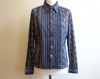 Dark Blue Blouse Navy Chain Anchor Print Jersey Blouse Long Sleeves Womens Shirt Large Size