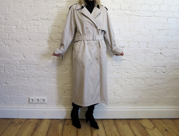 Vintage 80s Pale Gray Womens Trench Coat Light Gr… - image 1