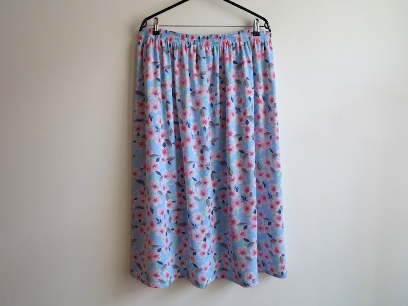 Sky Blue Skirt Brown Pink Floral Print Skirt Midi Pleated Skirt Elastic Waist Skirt Summer Skirt Extra Large Size